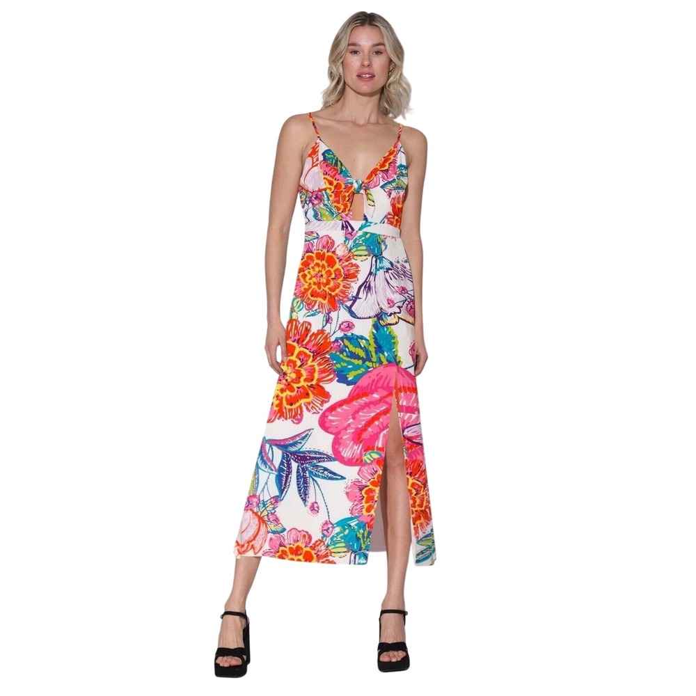 Walter‎ Baker Womens Floral Tie Front Midi Dress White Tropical Slit W71379 - 2